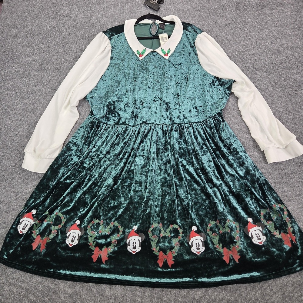 Her Universe Dress Womens 5 Plus Green Velvet Mickey Mouse Christmas Long Sleeve